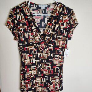 Chic Liz Claiborne Short Sleeve Top – Black, Tan & Brown Square Print
